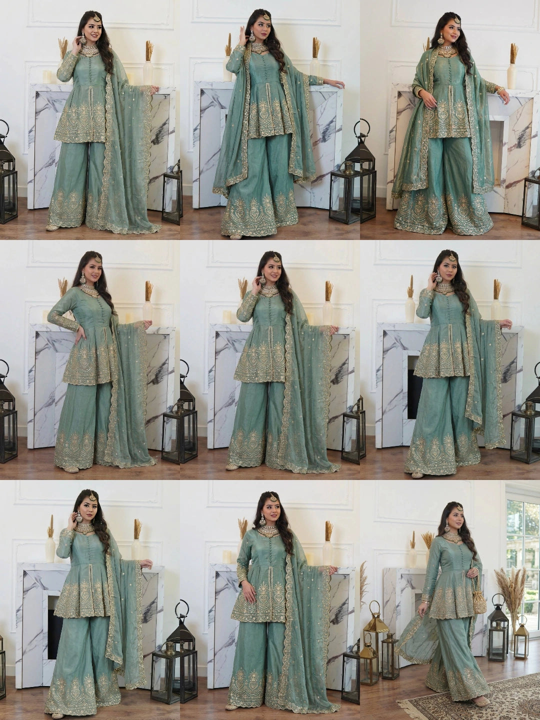 Sage Green Sequins Mirror Work Palazzo Suit catalog collage – Kalyanja KU304